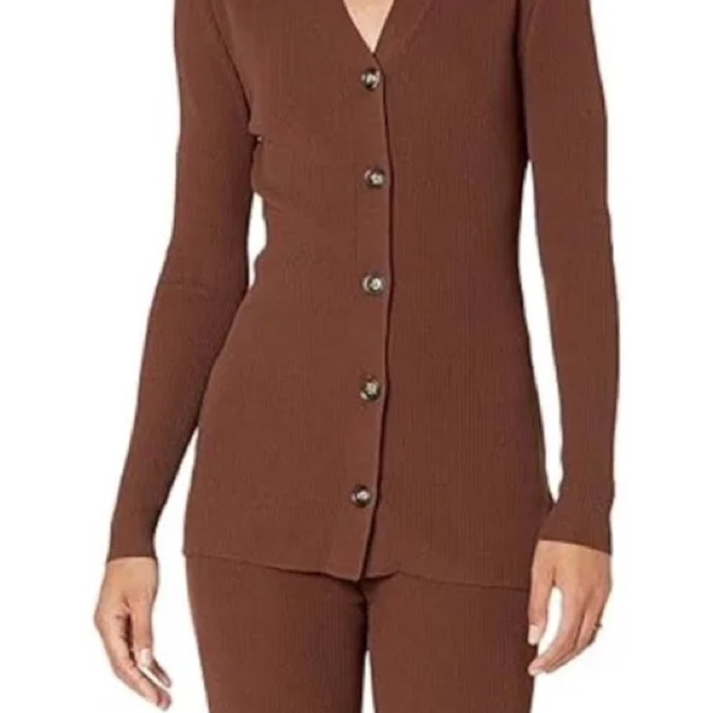 Brown Button-Up Cardigan and Pants Set